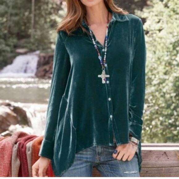 Sundance Metallic Teal Velvet Dream Button Down Side Ruffle Silk Blend Top - M - Picture 1 of 9